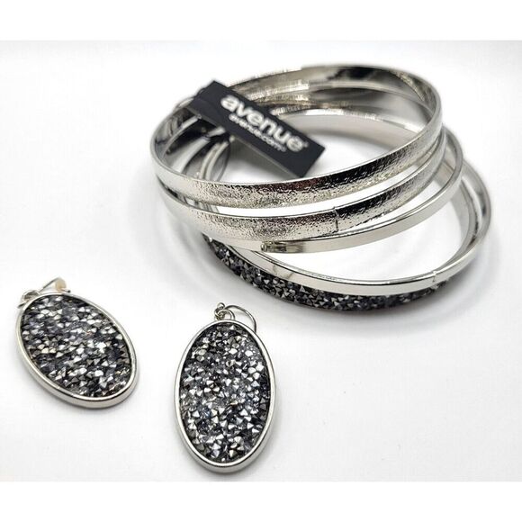 NWT Avenue Demi-Parure Rustic Silver Earrings & Bangle Bracelet Set - Picture 1 of 3